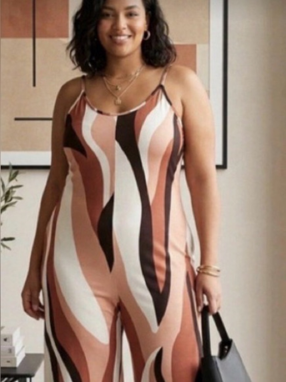 Sleeveless Abstract Stripe Jumpsuit in Rust/Black/White